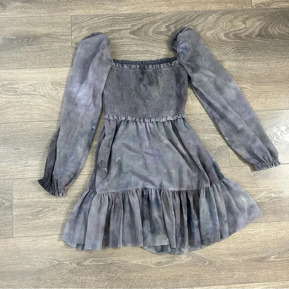 Aritzia Wilfred Tempest Mini Dress Smocked bodice Chiffon Puff Sleeve Purple - Picture 2 of 16